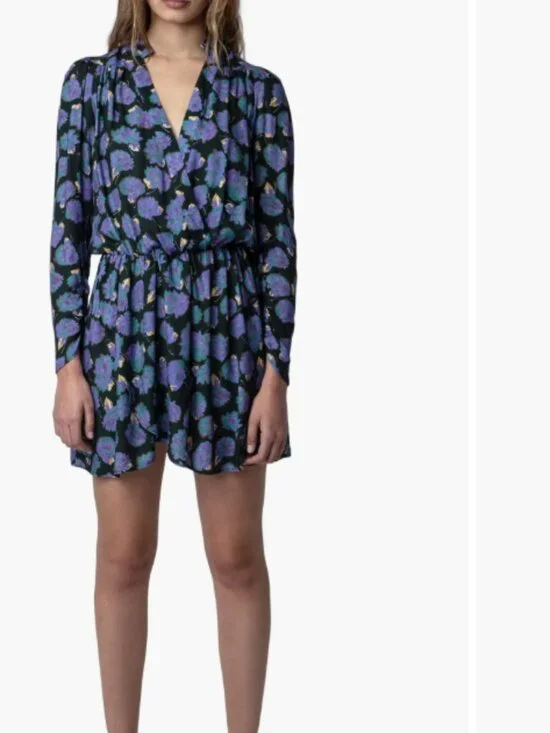 Zadig & Voltaire Reveal Roses Mini Dress Drop Waist V neck Lavender Floral wrap - Picture 6 of 10